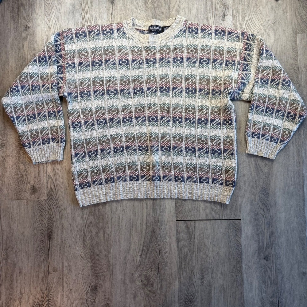 Scandia Vintage Mens Large Cotton Knit Sweater Made in USA Grandpa Geometric